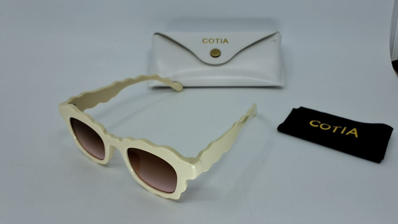 Beige Square Sunglasses w/ Irregular Wave-Shaped Frames for Women & Men