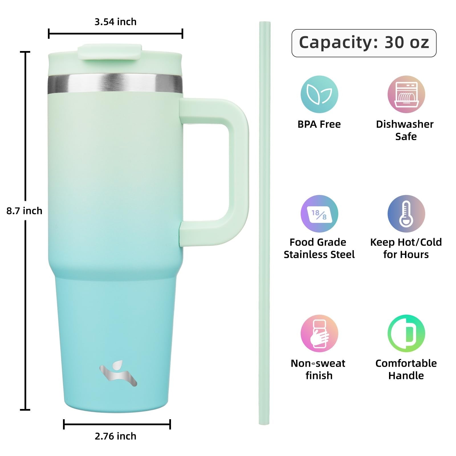 Mint 30 Oz Stainless Steel Tumbler - Insulated Mug w/ Handle & Straws