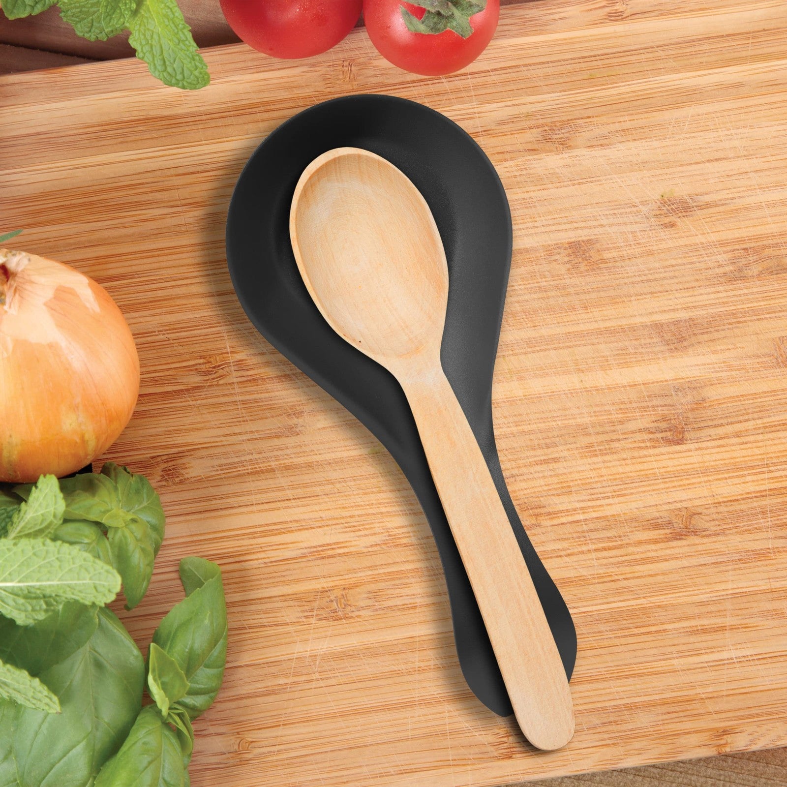 Stainless Steel Spoon Rest w/ Long Handle, Black Kitchen Utensil Holder