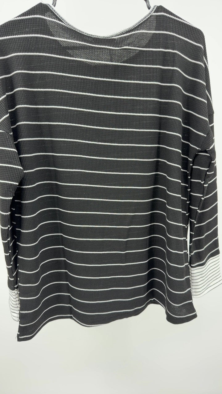 Striped Waffle Knit Henley Long Sleeve Top