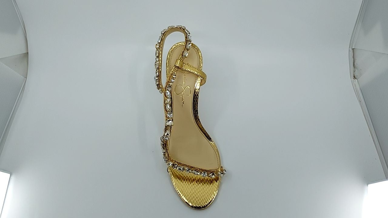 Jessica Simpson Women's Jaycin Embellished Heeled Sandal, Gold/Clear, 8.5