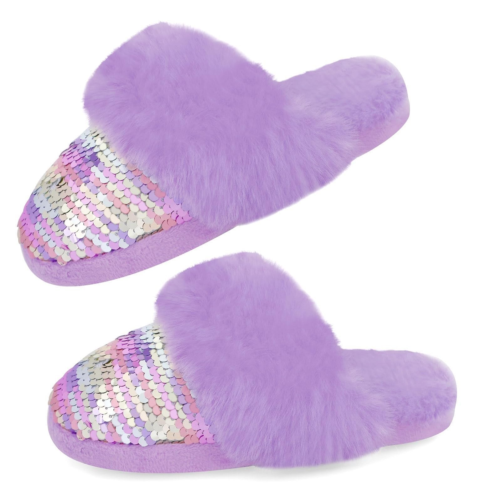 Fuzzy Slip-On Slippers for Girls, Purple Faux Fur, Memory Foam, Size 11-12