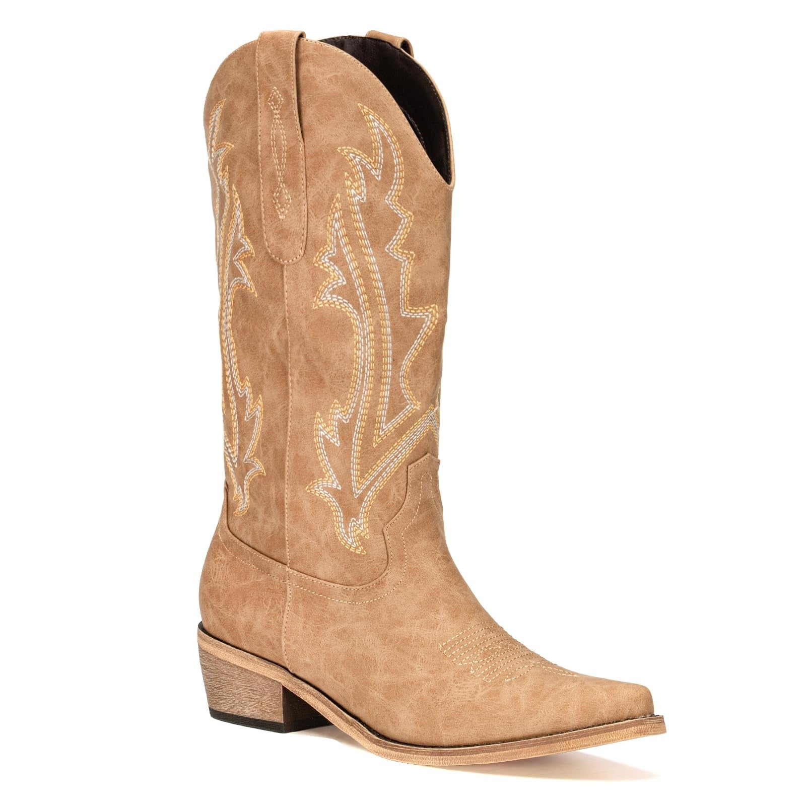 Women’s Tan Cowgirl Boots Mid Calf Square Toe Western Style
