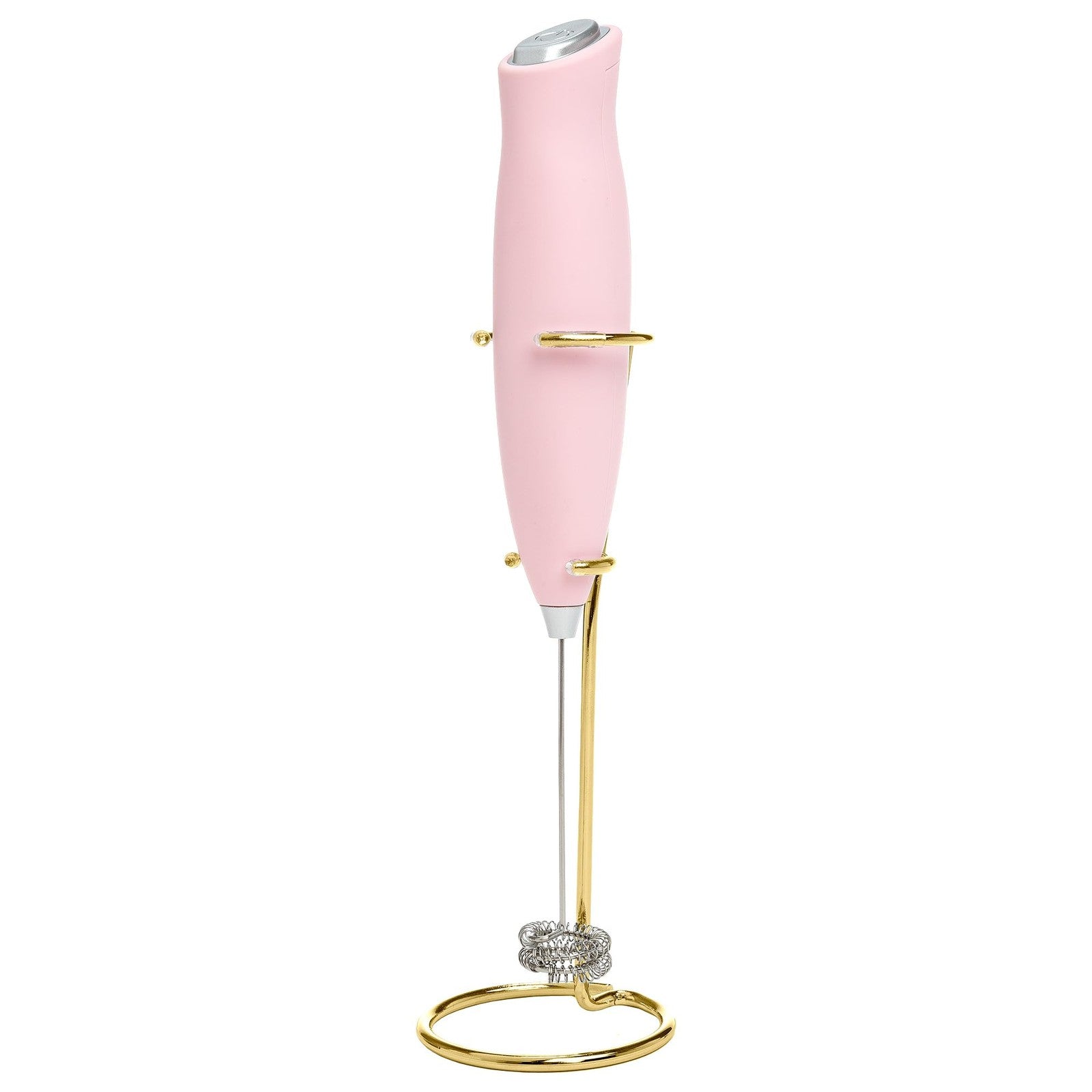 Milk Frother w/ Gold Stand, Electric Handheld, Pink, Double Coil Head