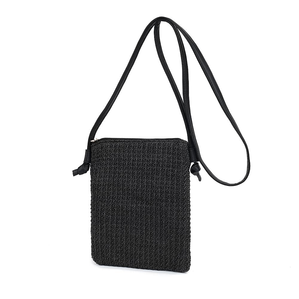 Cute Black Straw Beach Bag, Handwoven Rattan Crossbody Purse for Summer