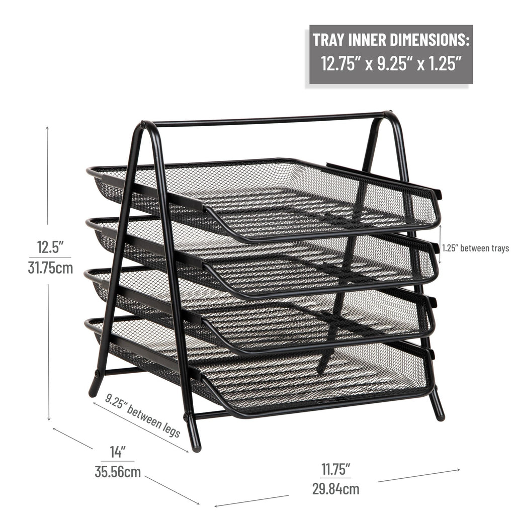 Black 4-Tier Paper Tray, Desk Organizer, Metal Mesh, 12L x 13.75W x 12.5H