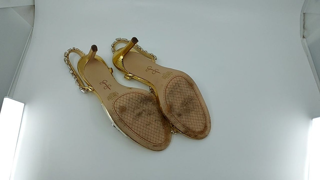 Jessica Simpson Women's Jaycin Embellished Heeled Sandal, Gold/Clear, 8.5