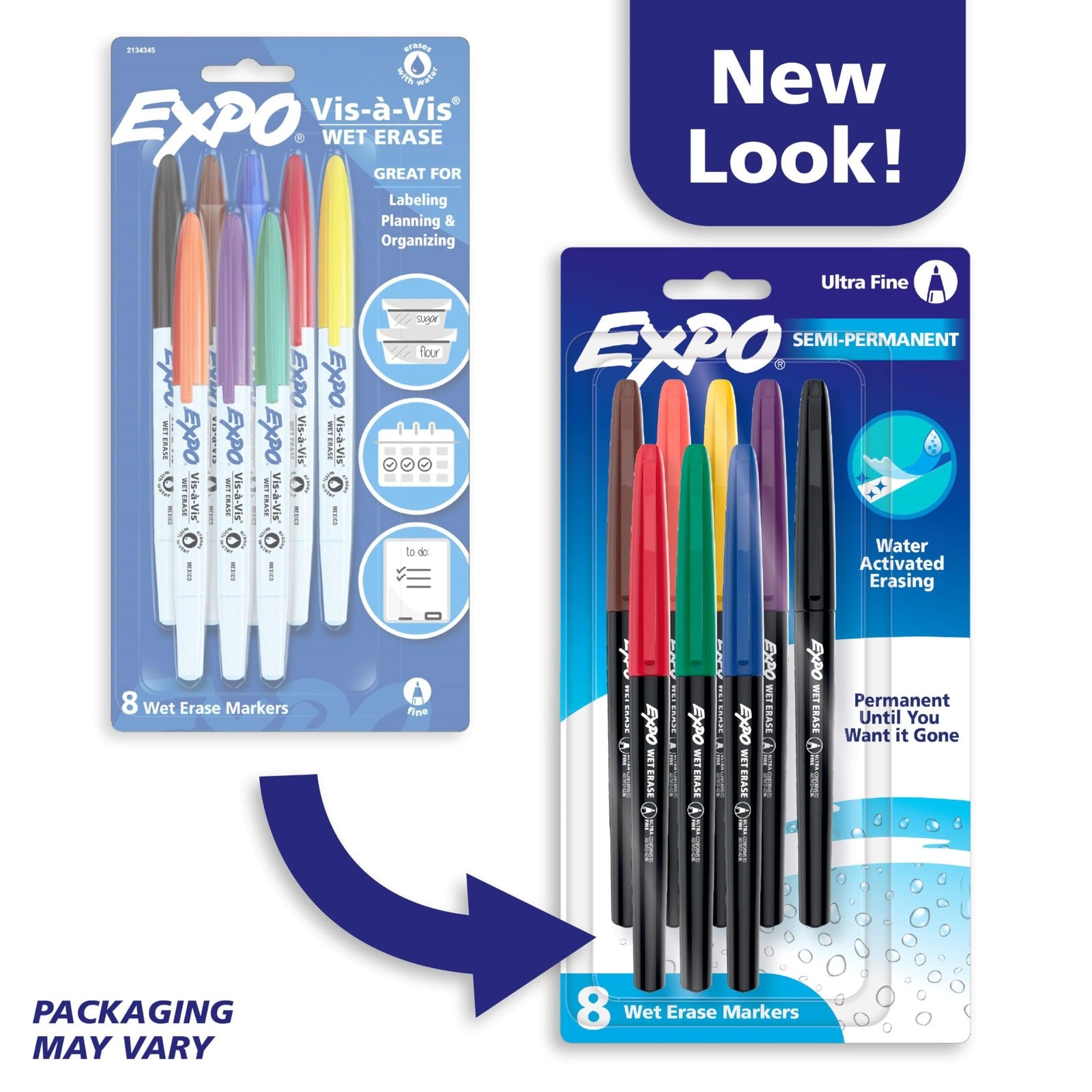 EXPO Vis-a-Vis Wet Erase Marker Set, Fine Tip, Assorted Colors, 8 Count