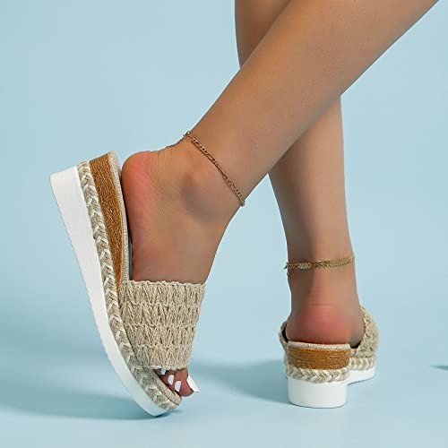 Fashion Summer Slippers Women Thick Slope Heel Beige 4.5 UK