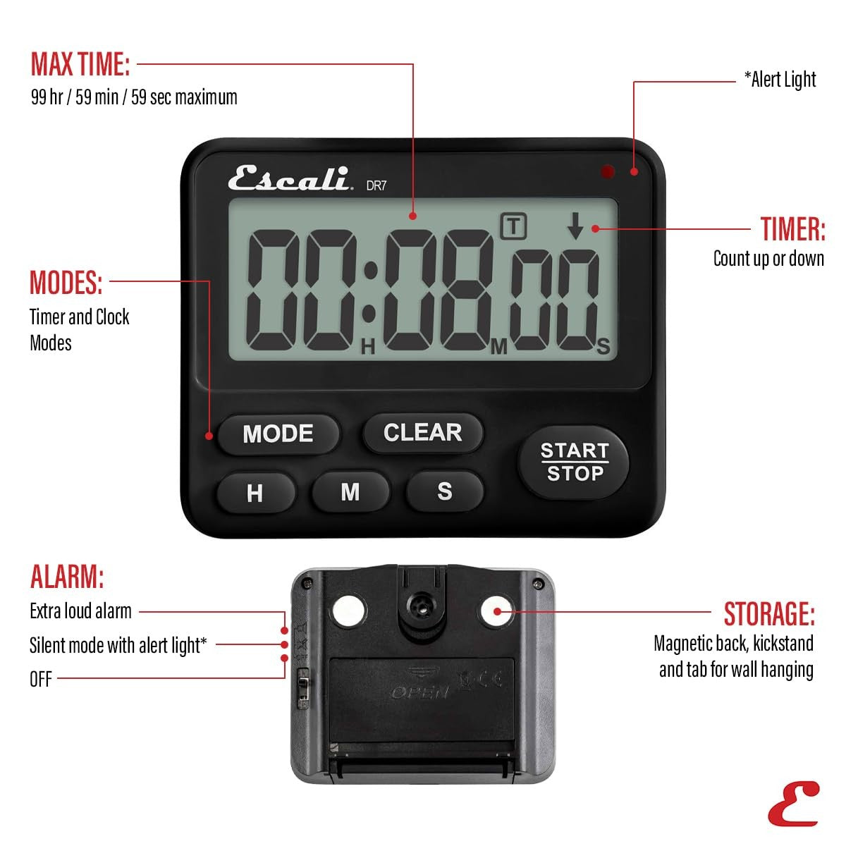 Escali DR7 Extra Loud Digital Timer w/ Clock Mode & Magnetic Back
