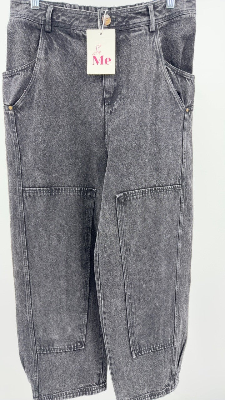 Women’s Washed Black Utility Denim Pants – Relaxed Fit – Size L