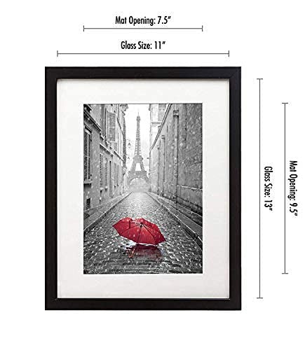 11x13 Black Picture Frame w/ Mat for 8x10 - Shatter Resistant Glass