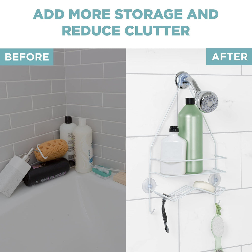 Hanging Shower Caddy Over Head, White Steel, 1 Wide Shelf & Soap Dish