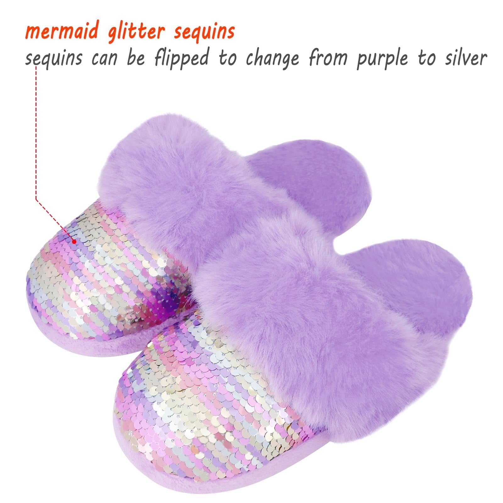 Fuzzy Slip-On Slippers for Girls, Purple Faux Fur, Memory Foam, Size 11-12