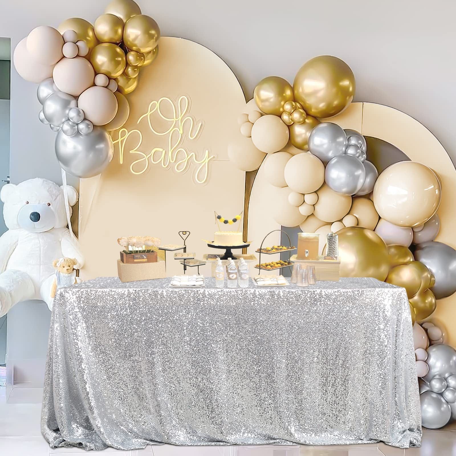 Silver Glitter Tablecloth 60x102 Inch for Baby Shower & Parties