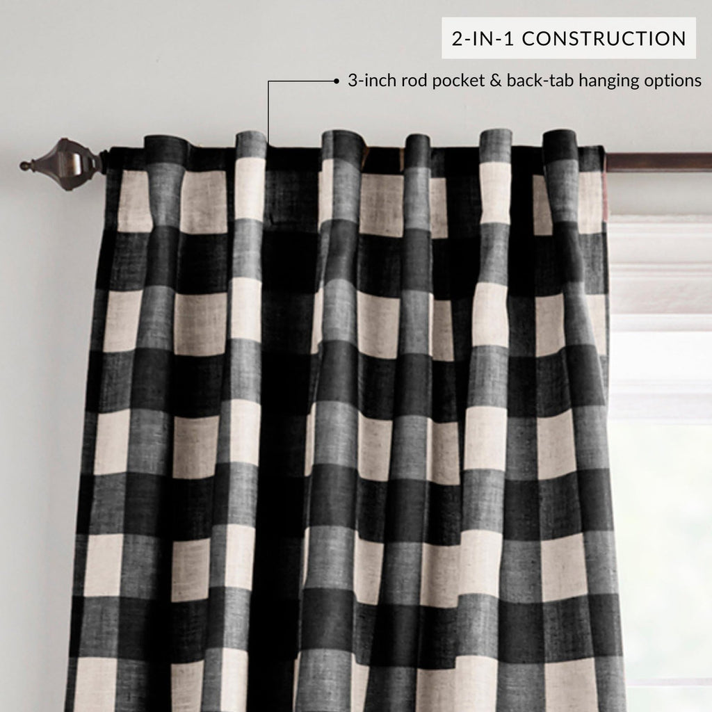 Buffalo-Check Blackout Window Curtain 52x95 Black Farmhouse Style
