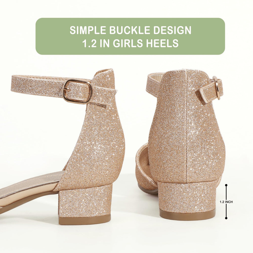 Toddler Girls Gold Glitter Heels 4 Big Kid Dress Shoes w/ Ankle Strap