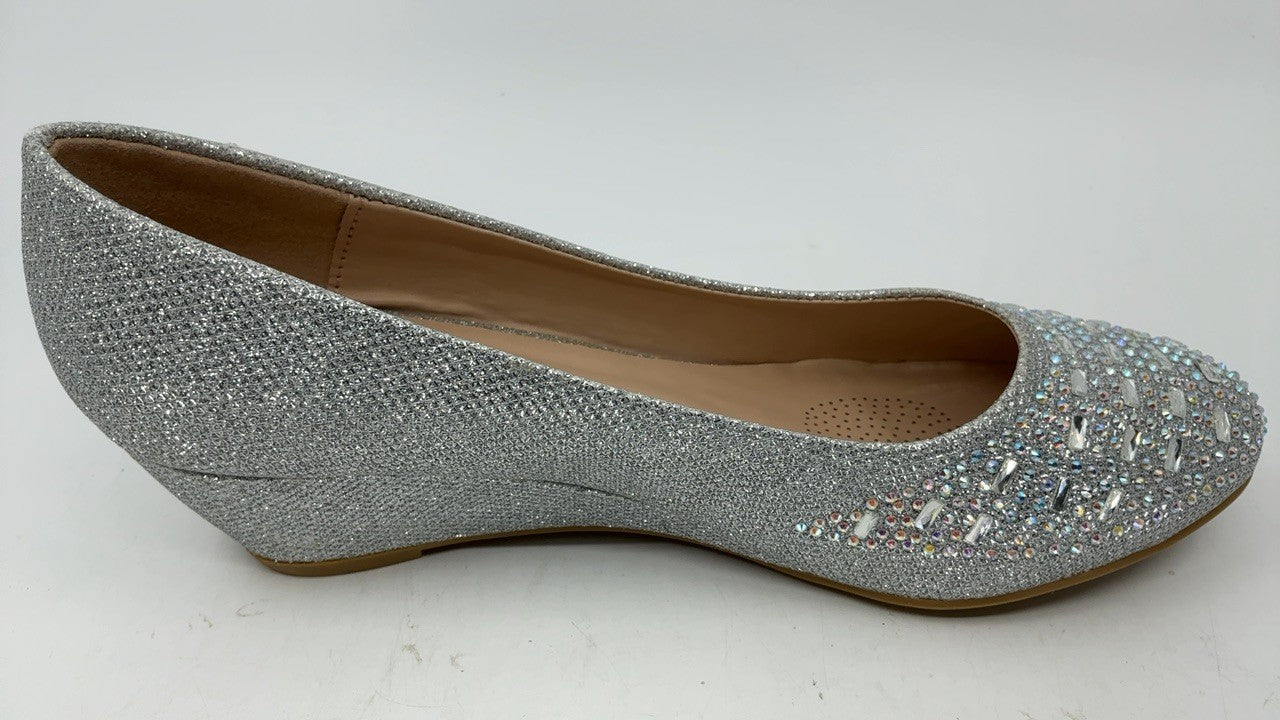 Olivia K Women's Close Round Toe Low Wedge Rhinestone Comfort Silver Size 7.5