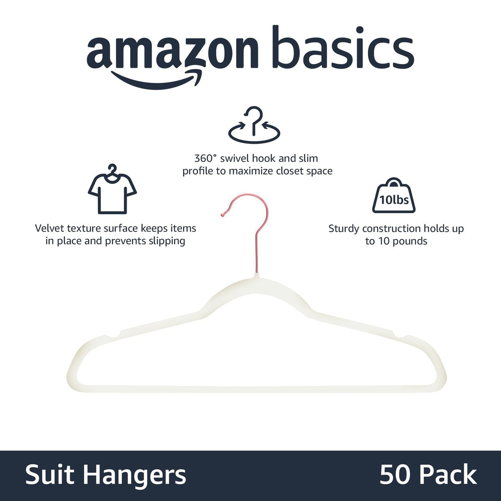 Sturdy Non-Slip Clothes Hangers, 50-Pack, Velvet, Ivory/Rose Gold