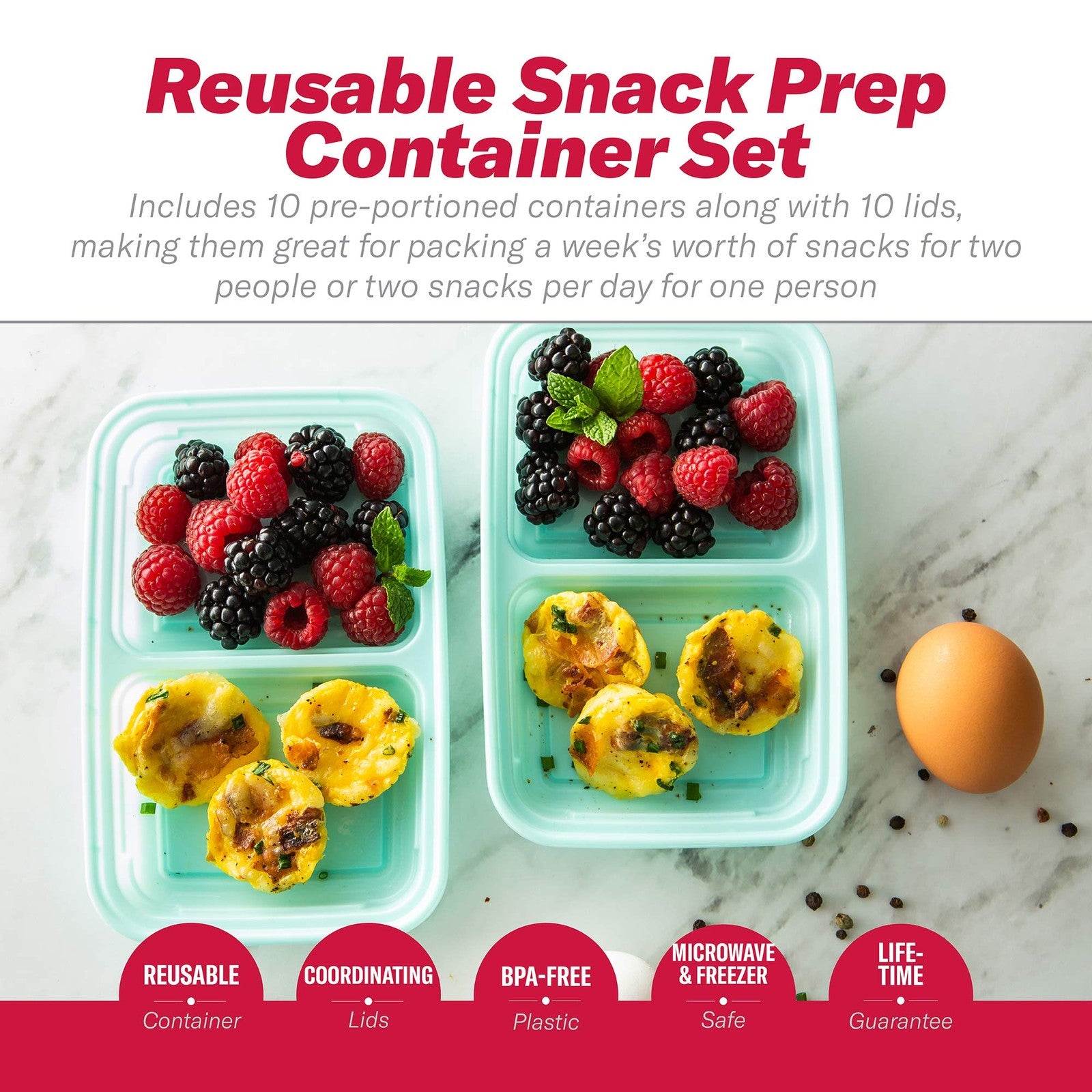 Reusable 10-Pc Food Storage Set, 2-Compartment, Snap-Shut Lids