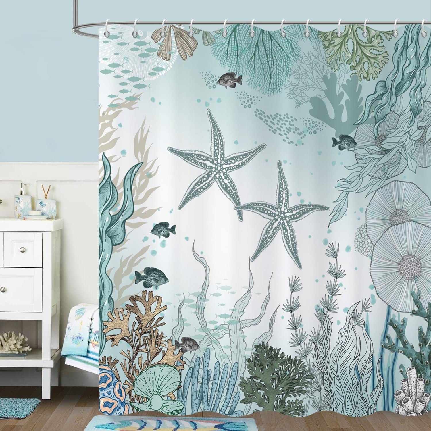 Summer Teal Starfish Shower Curtain Fabric w/ Hooks 72" x 72"