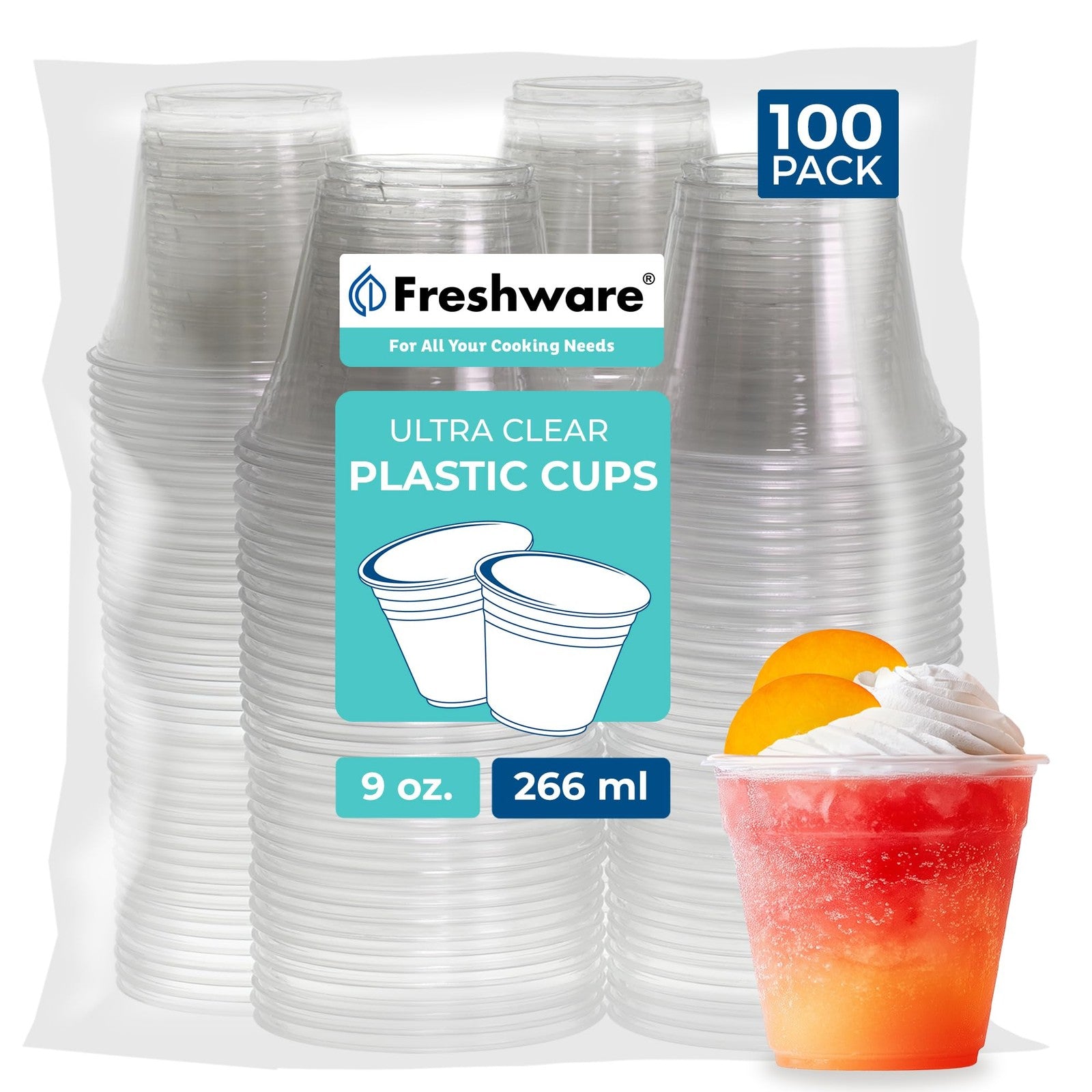 100 Pack 9 Oz Clear Disposable Plastic Cups - Heavy Duty Party Tumblers
