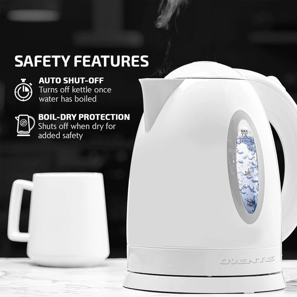 OVENTE KP72W Electric Kettle, 1.7L Fast Boil, White, Boil-Dry Protection