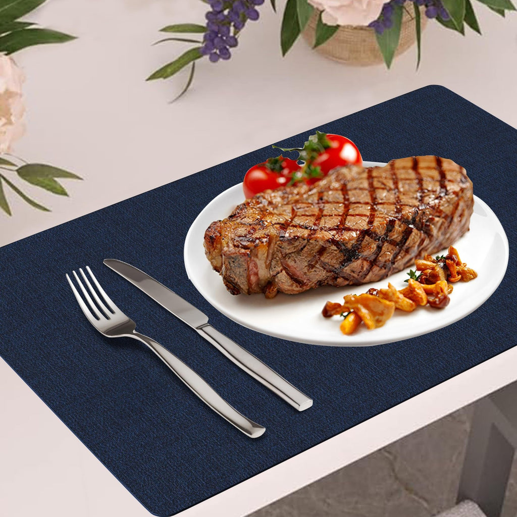 Navy Blue Faux Leather Placemats Set of 6, Waterproof & Easy to Clean