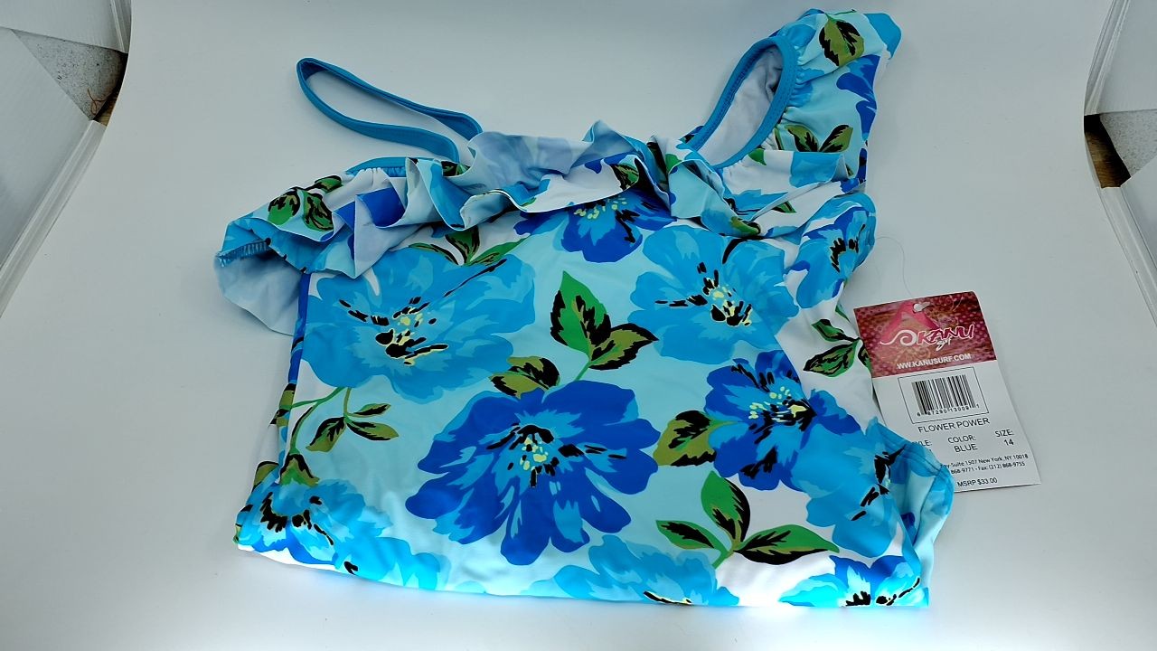 1-Piece Floral Ruffle Swimsuit, Kanu Surf, Flower Power Blue, Size 14