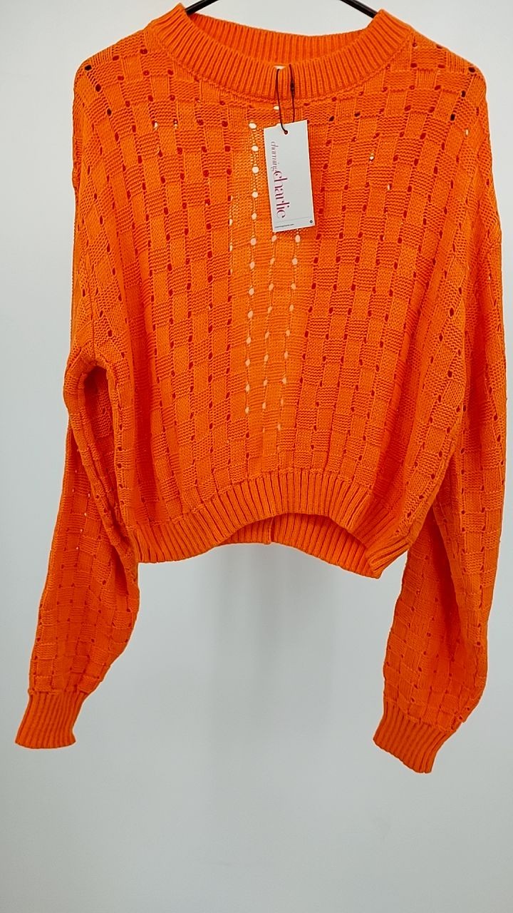 Cutout Back Openwork Round Neck Long Sleeve Sweater