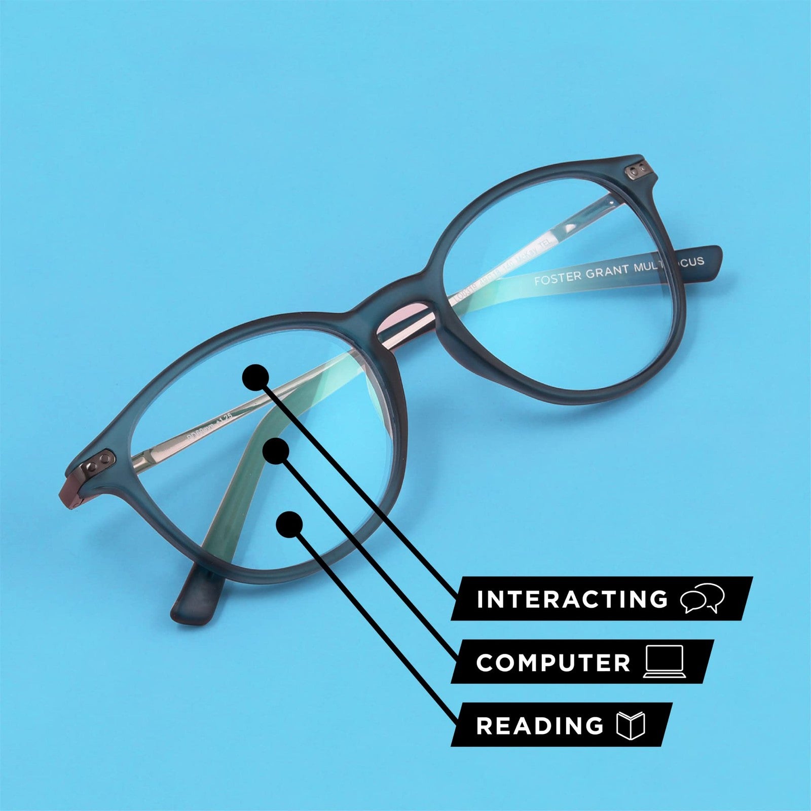 Unisex 49mm Multifocus Reading Glasses, Dark Teal, Anti-Reflective