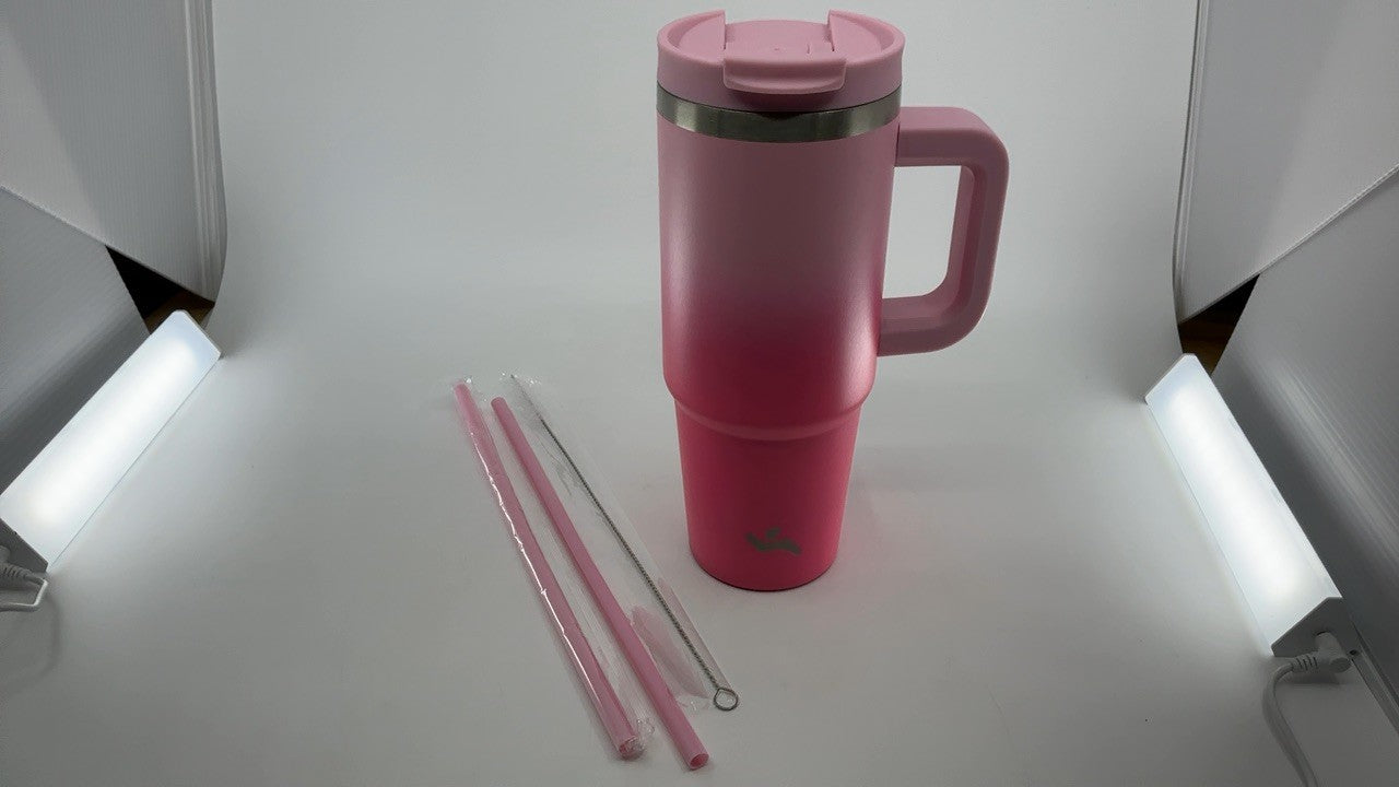 30 Oz Stainless Steel Tumbler w/ Handle & 2 Straws, Cherry Blossoms