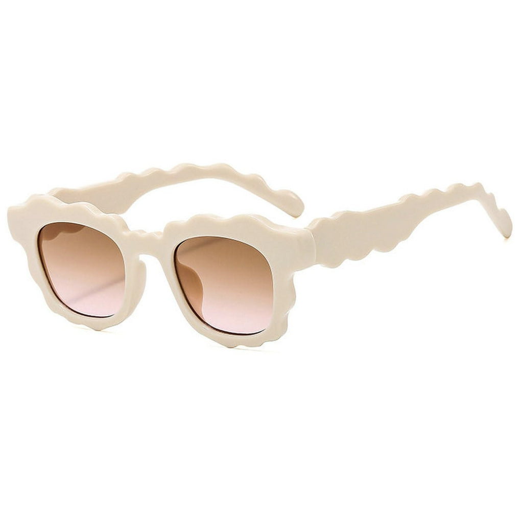 Beige Square Sunglasses w/ Irregular Wave-Shaped Frames for Women & Men