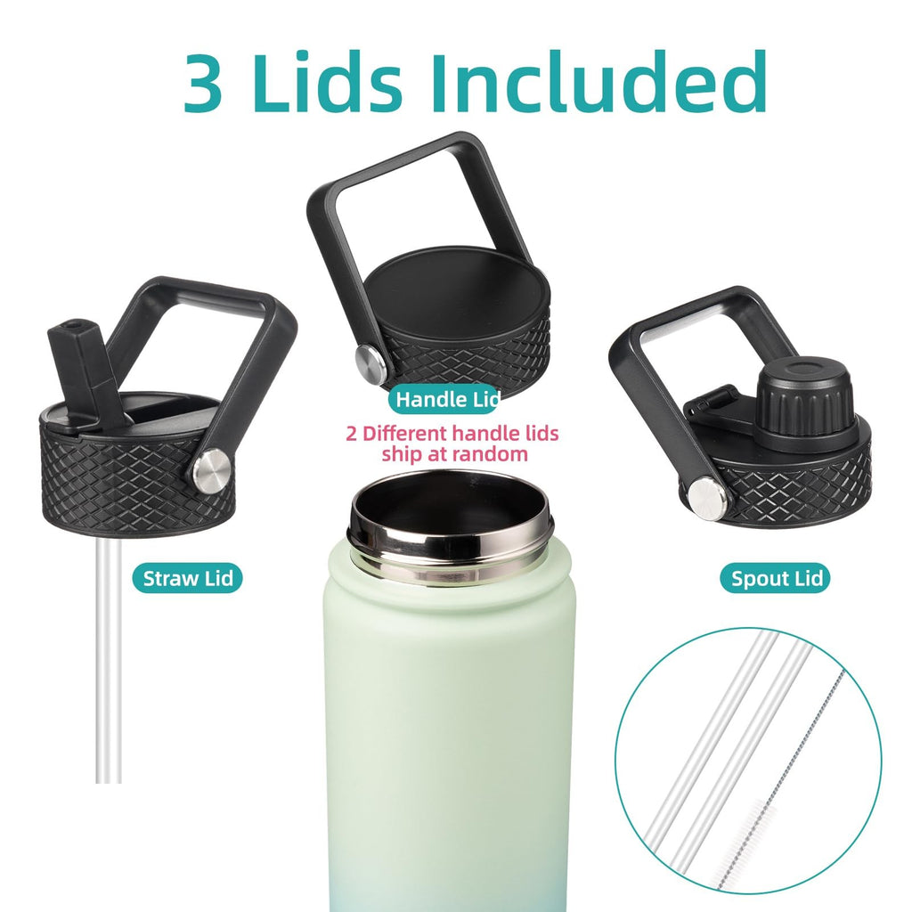 Konokyo 18 Oz Stainless Steel Insulated Bottle Mint Color w/ 3 Lids