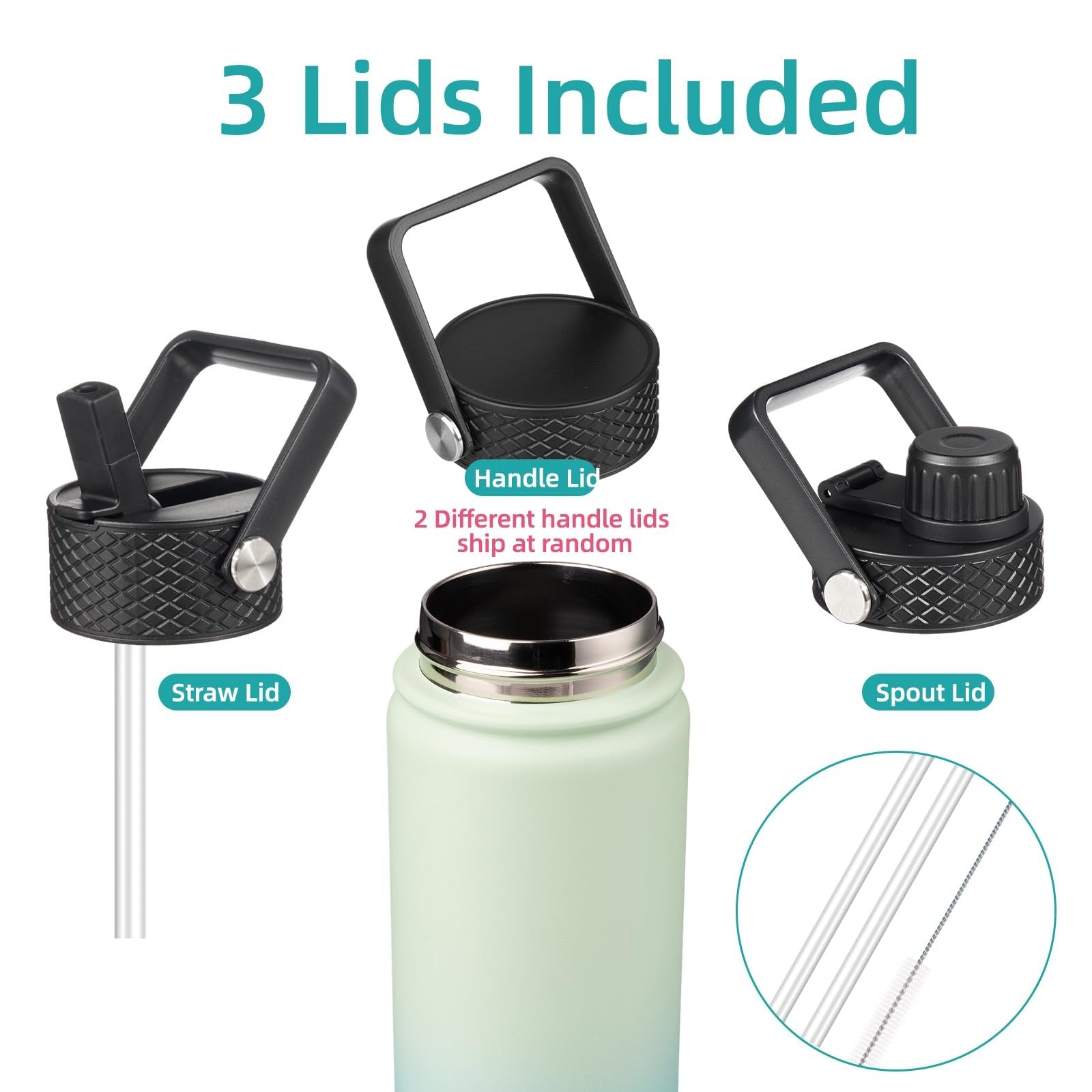 Konokyo 18 Oz Stainless Steel Insulated Bottle Mint Color w/ 3 Lids