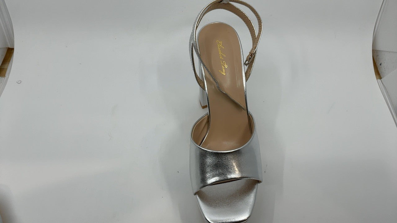 Silver Chunky Heeled Platform Sandals, 4.7 In, Size 8.5, Open Toe