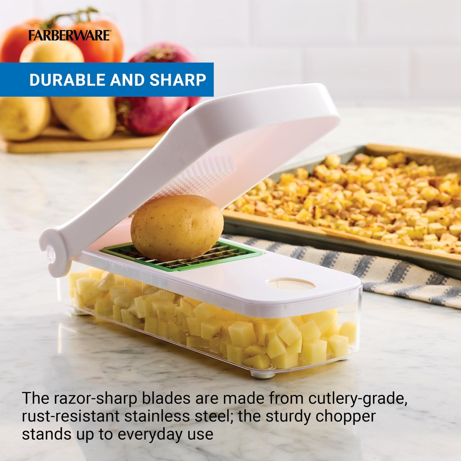 Farberware Vegetable Chopper w/ 2 Blades, Dices Onions, Tomatoes, Potatoes