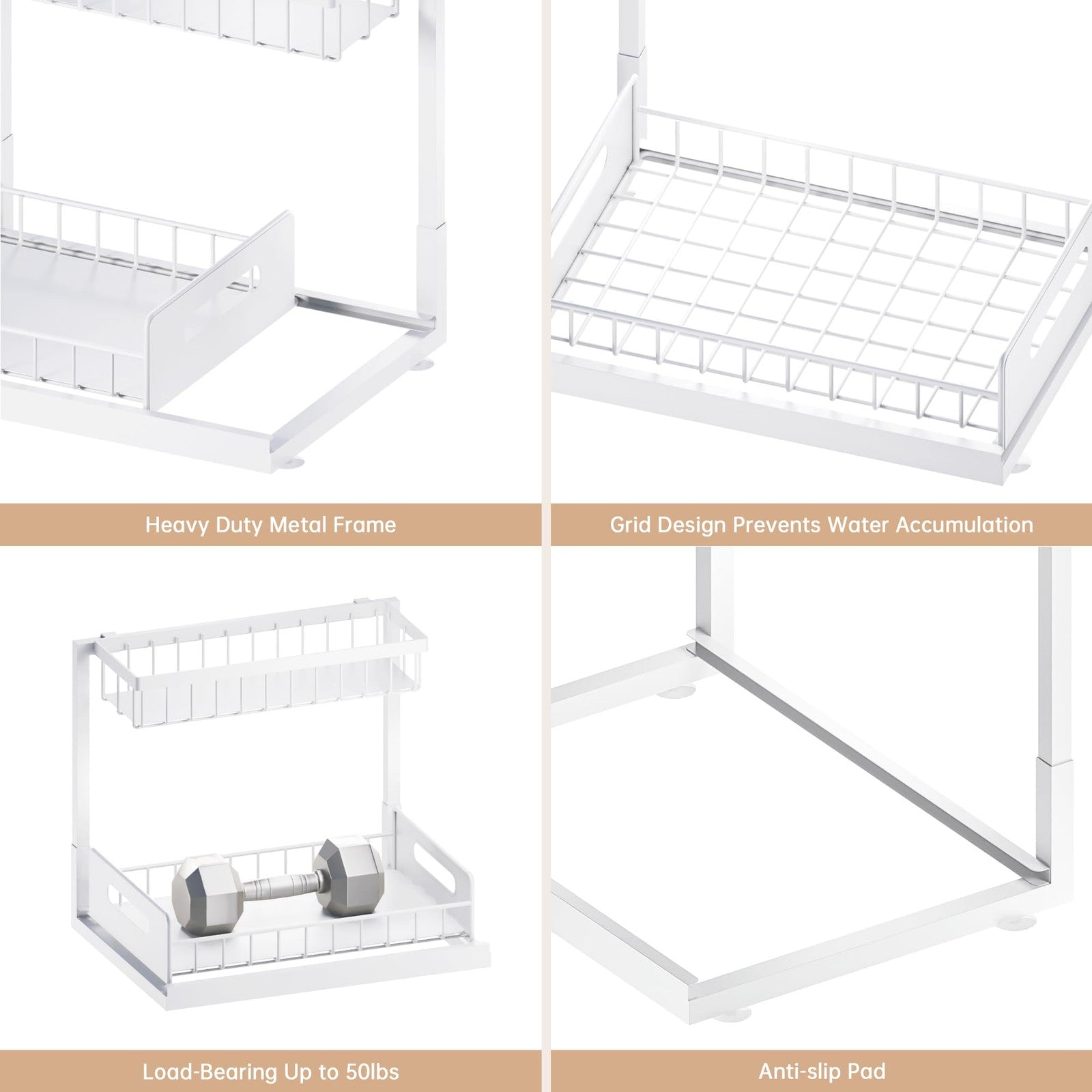Slide Out Cabinet Organizer, White, 1 Pack for Kitchen & Bathroom