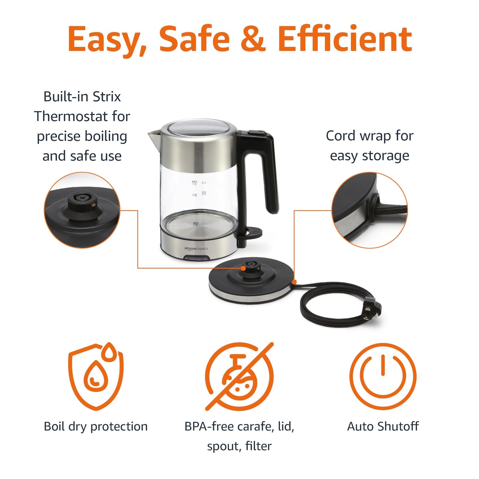 1500W Electric Kettle, 1.1 Qt, Glass & Steel, Auto Shut-Off, BPA-Free