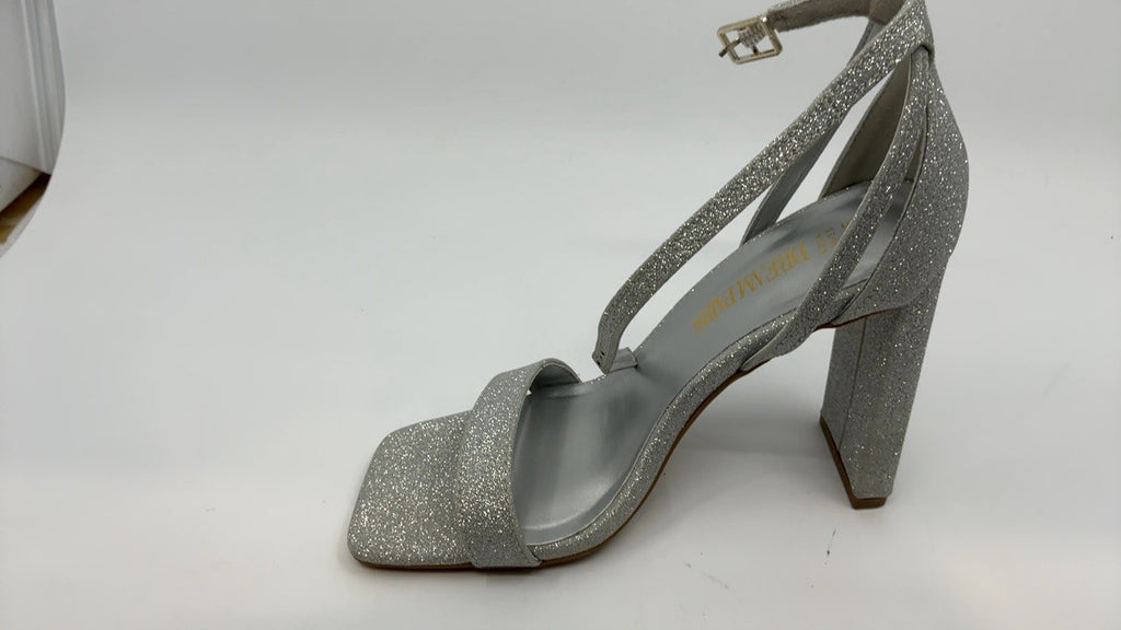 Chunky Block Square Toe Heels Sandals, Size 5.5, Silver