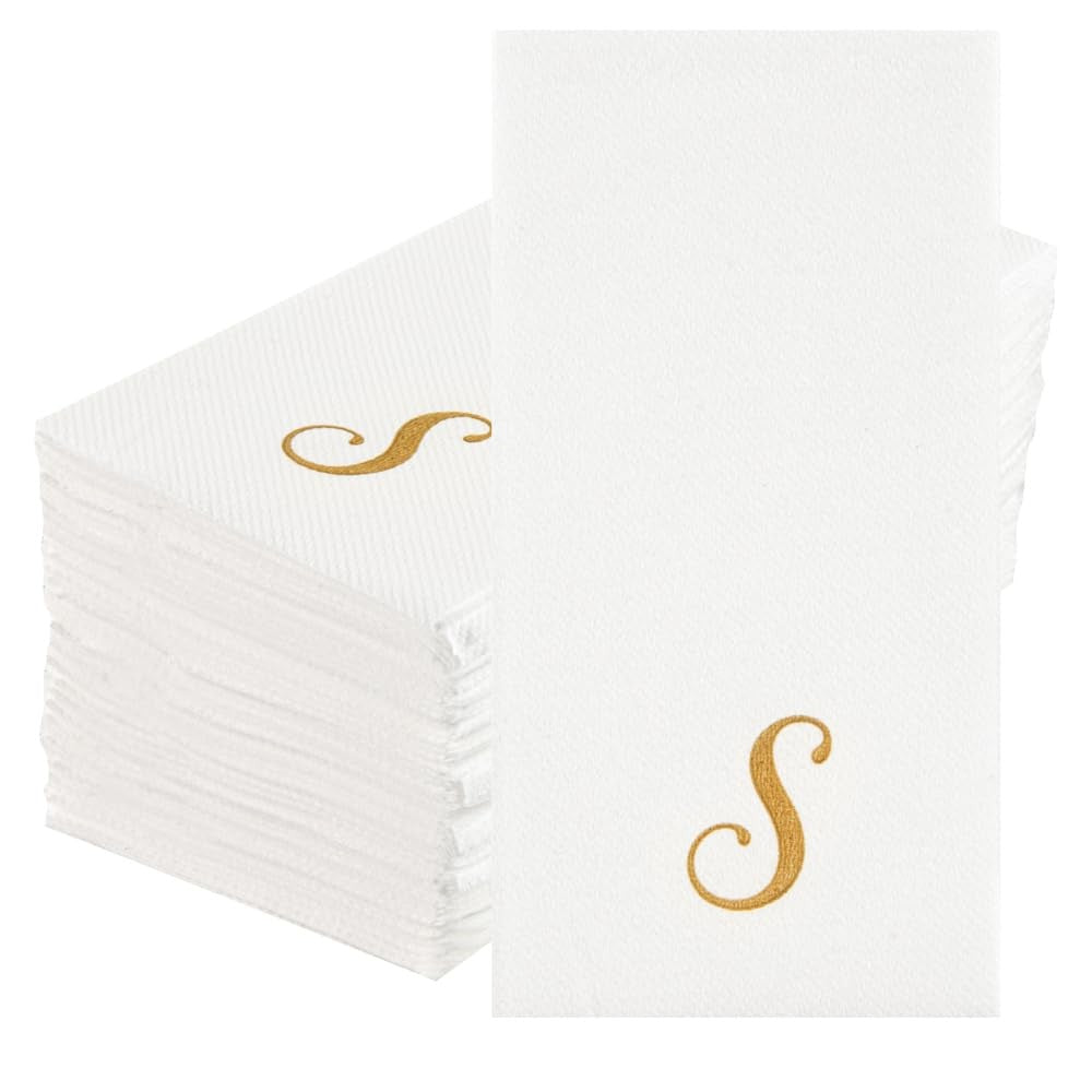 50 Count Linen-Feel Guest Towels, Gold S Cursive Paper Napkins 15.8 X 7.9 In