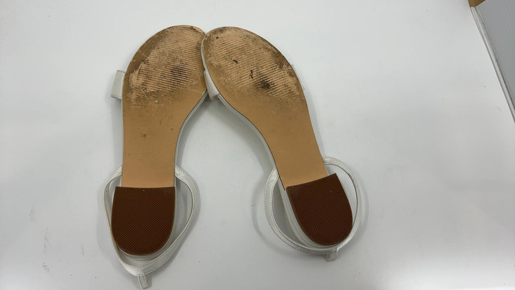 Bridal Satin Flats Sandals, Open Toe, Pearl Detail, Ivory, Size 8.5