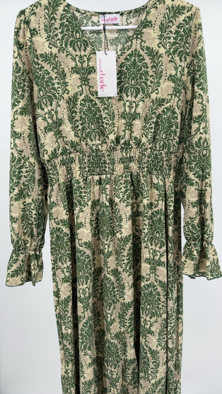 Smocked Printed V-Neck Flounce Sleeve Dress