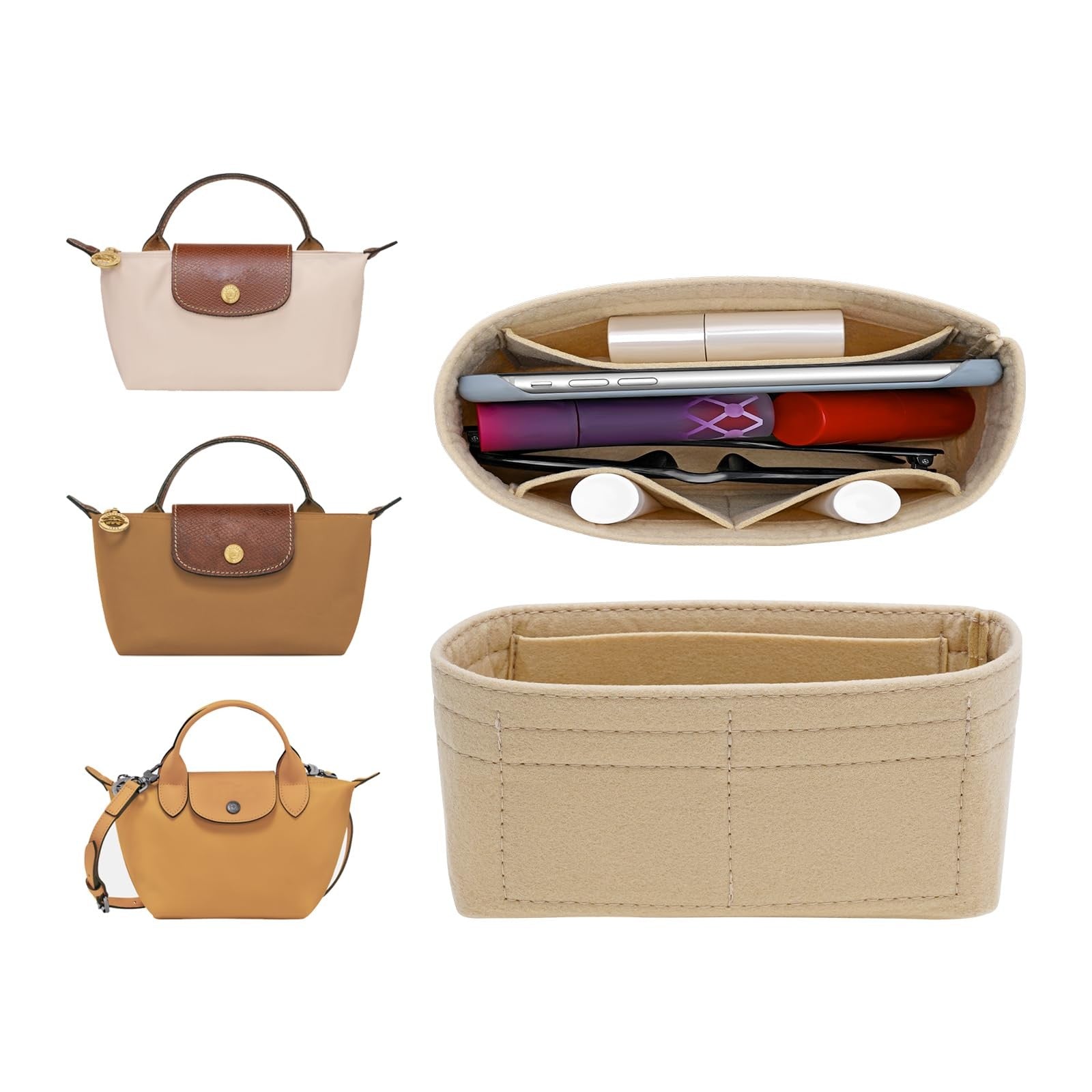 Mini Handbag Organizer Insert for Longchamp XS - Felt, Beige