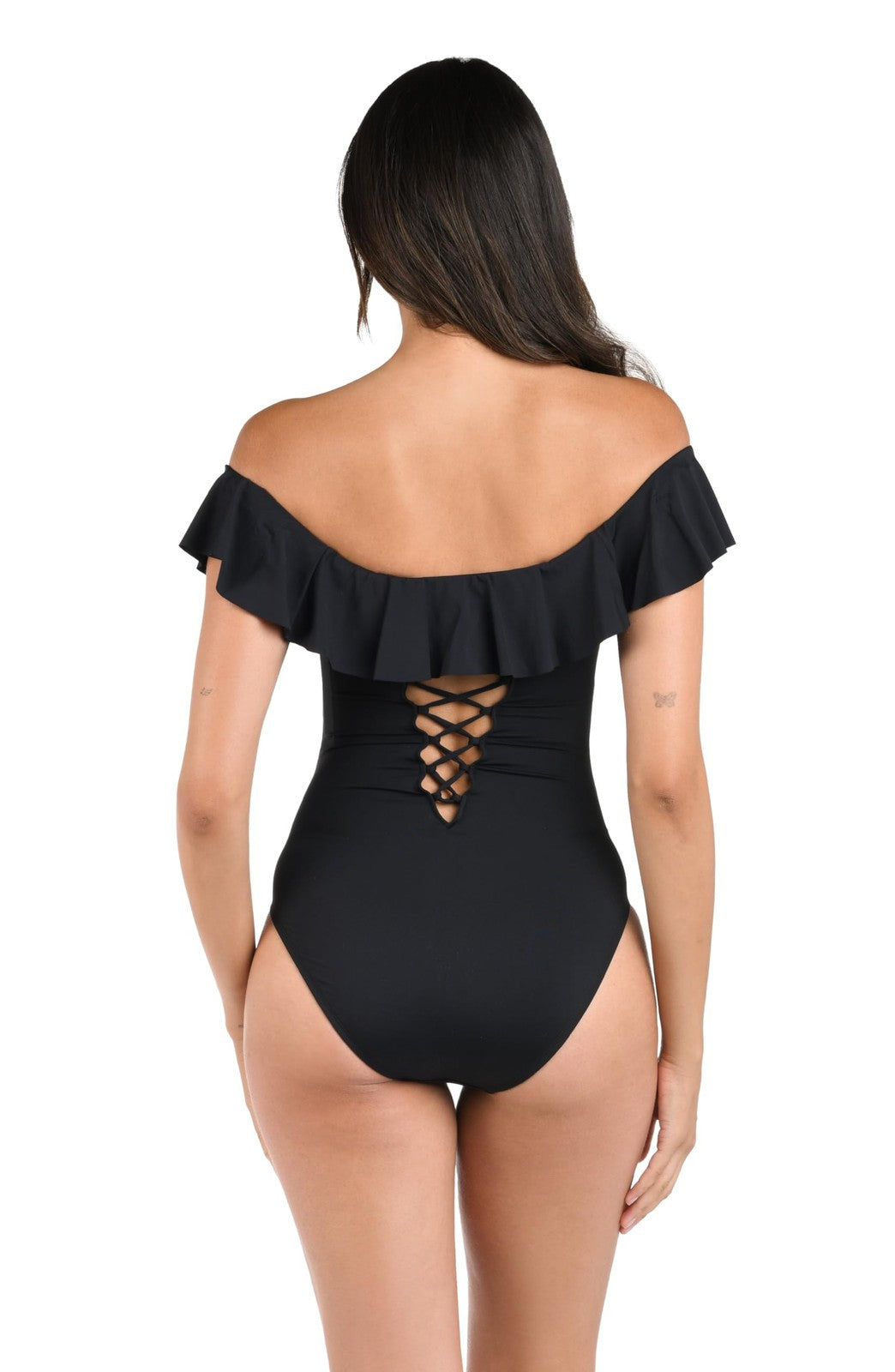 Black Off Shoulder One Piece Swimsuit Size 10 Nylon Blend