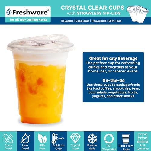 100 Pack 12 Oz Clear Plastic Cups w/ Strawless Sip Lids - Disposable Tumblers