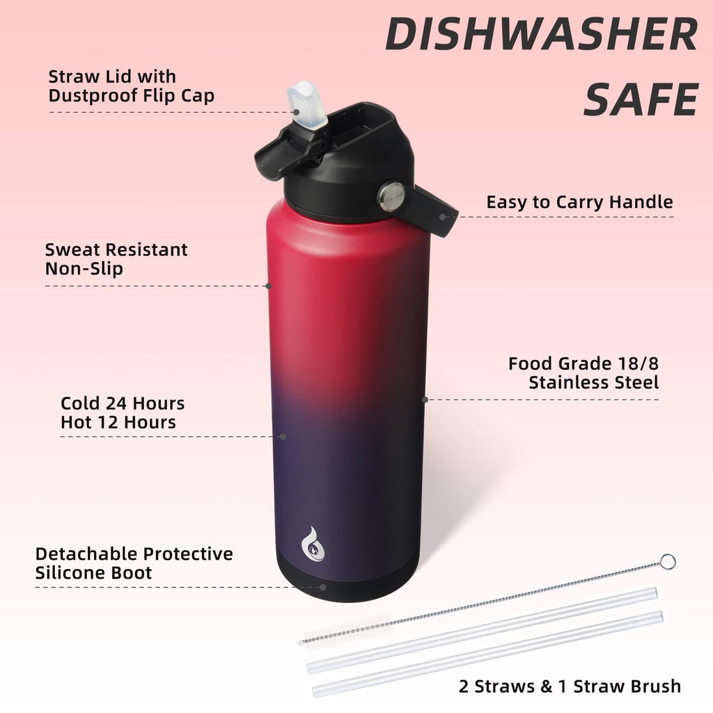 40oz Insulated Water Bottle w/ Straw Lid, Charming Red, BPA Free