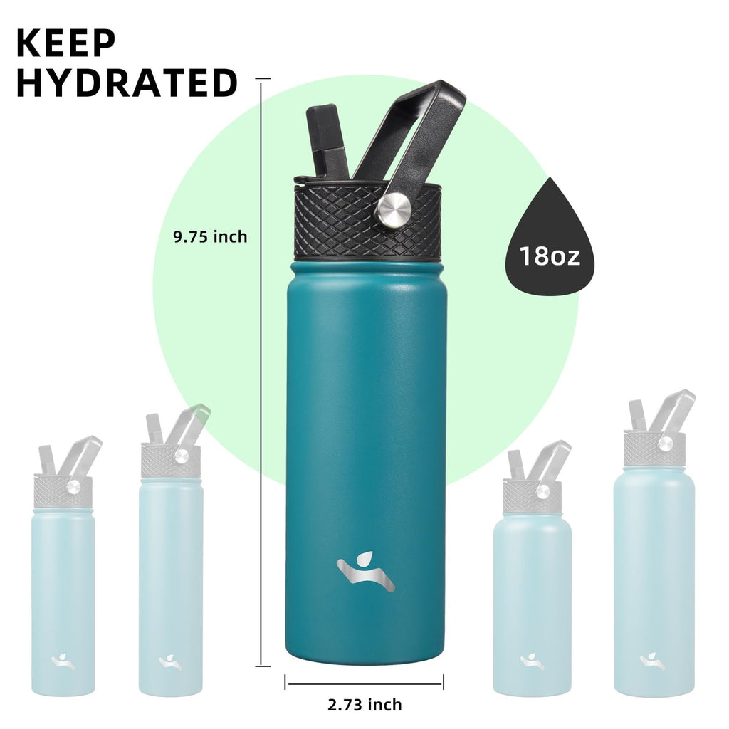 18 Oz Insulated Water Bottle Stainless Steel Light Blue w/ 3 Lids