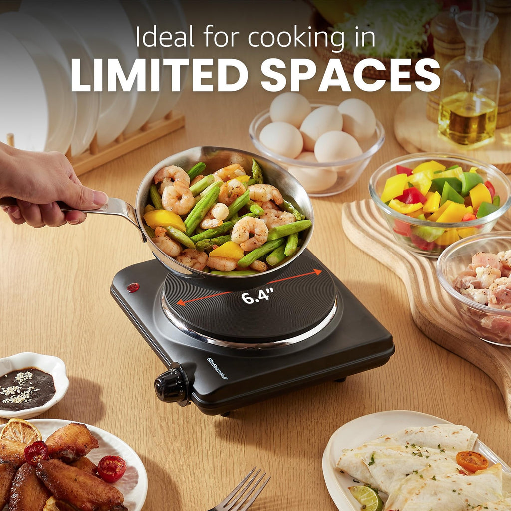 Compact 1000W Cast Iron Electric Hot Plate, Temperature Controls, Black