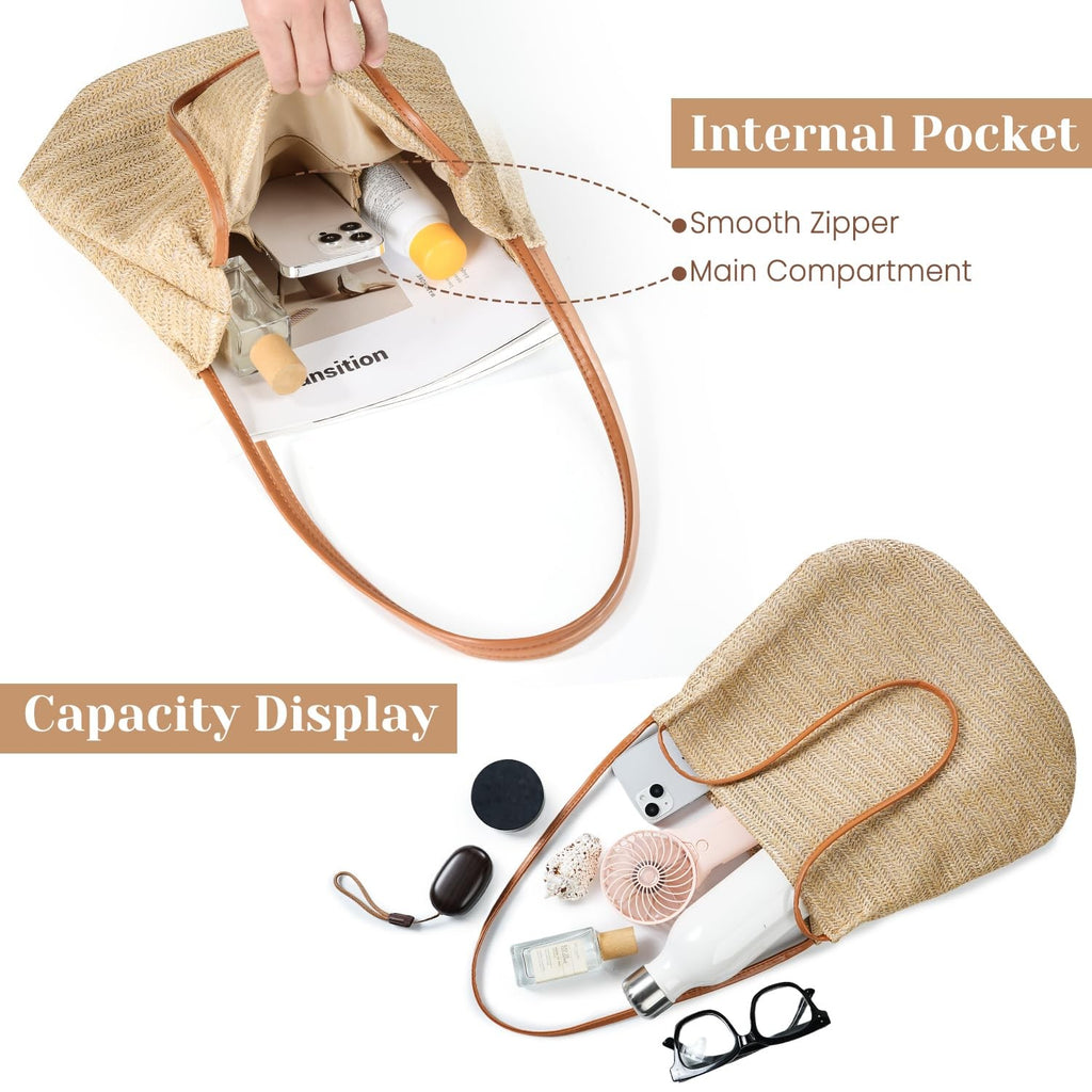 Versatile Khaki Straw Purse, Lightweight Beach Tote Bag for Women
